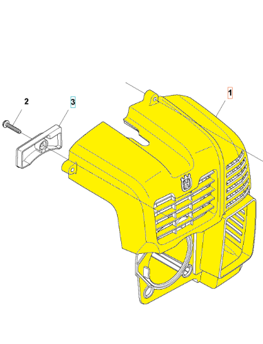 Pokrywa cylindra dmuchawy 360BT/560BTS Husqvarna, żółta z grillem i logo, stojąca, z widocznymi mocowaniami. Prosty, neutralny tł.