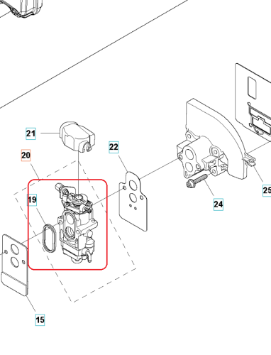 Gaźnik dmuchawy 360BT Husqvarna, szary, metalowo-tworzywowy, widok z boku z elementami montażowymi i przyłączem na białym tle. Wymiary i konstrukcja podkreślone dla użytkowania.