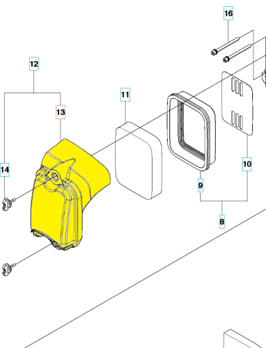 Osłona filtra powietrza dmuchawy Husqvarna 360BT/560BTS w kolorze żółtym, prezentowana z boku. Widoczne detale to mocowanie oraz otwór wyjściowy. Produkt jest lekko zagięty, co podkreśla jego funkcjonalność. Tło zdjęcia jest neutralne, jasne.