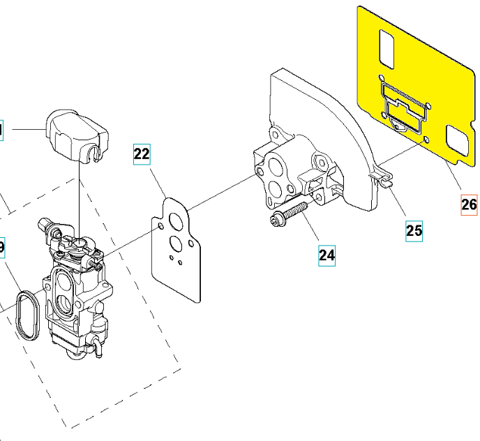Czarna gumowa uszczelka gaźnika do dmuchawy Husqvarna 360BT/570BTS, pozioma, z widocznymi otworami mocującymi i precyzyjnym dopasowaniem.
