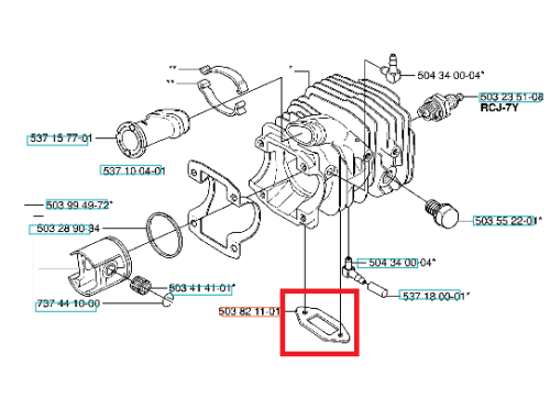 Szara, wydłużona uszczelka tłumika do pilarki Husqvarna 333/336, widoczna na rysunku technicznym obok elementów silnika, z odpowiednimi wycięciami do montażu w systemie tłumika.
