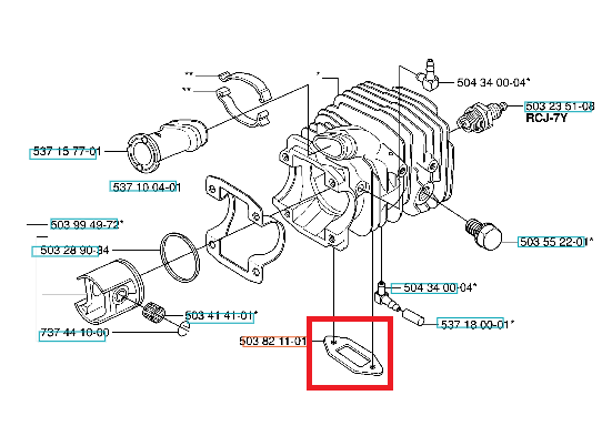 Szara, wydłużona uszczelka tłumika do pilarki Husqvarna 333/336, widoczna na rysunku technicznym obok elementów silnika, z odpowiednimi wycięciami do montażu w systemie tłumika.