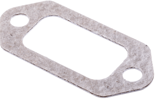 Uszczelka tłumika pilarki 570/576XP Husqvarna, wykonana z szarego materiału, prostokątna o zaokrąglonych rogach, z dwoma okrągłymi otworami. Widok z góry, leżąca na jednolitym tle. Element służący do uszczelnienia w systemie tłumika.