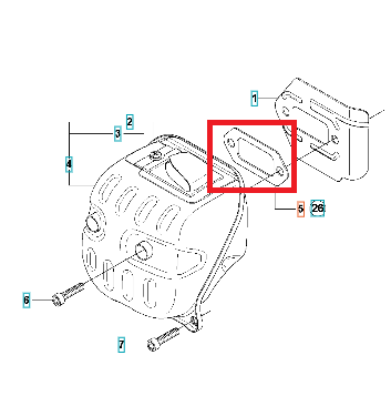 Uszczelka tłumika pilarki Husqvarna 570/576XP w kolorze czarnym, elastyczna i dopasowująca się. Widoczny detal z otworami do montażu, z boku lekko wypukły. Ujęcie z przodu, prezentujące kształt i funkcję uszczelki. Tło białe.
