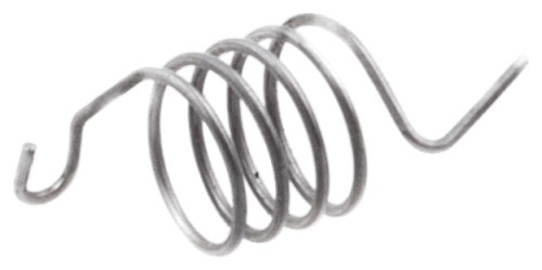 Sprężyna przy gaźniku pilarki Husqvarna 385, 385XP, w kształcie spiralnym, wykonana z metalu w kolorze srebrnym. Produkt leży na płaskiej powierzchni, z wyraźnymi zwojami i końcówkami, które mogą być istotne dla montażu.