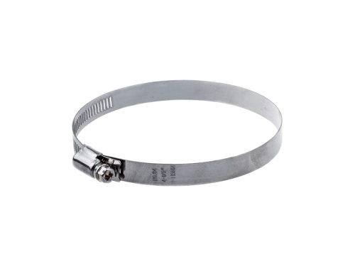 Zacisk dmuchawy Husqvarna 130BT/360BT, metalowy, srebrny, okrągły kształt, z widocznym mechanizmem dokręcającym. Zdjęcie przedstawia produkt leżący na białym tle, ukazujące detale i wykończenie powierzchni.