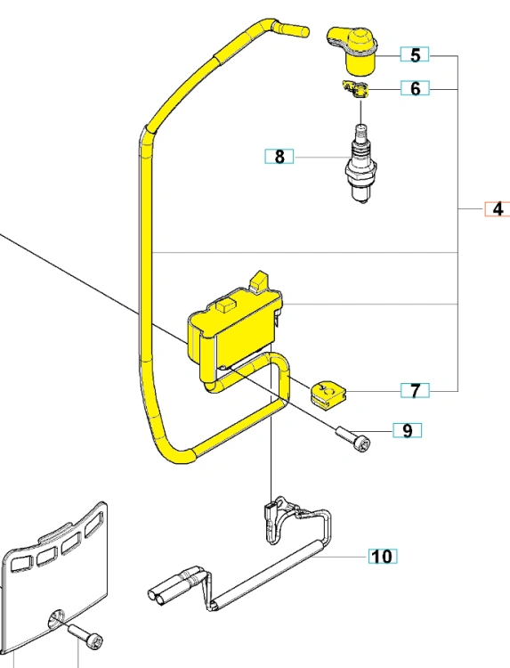 Moduł zapłonowy dmuchawy 350BT/150BT Husqvarna w kolorze żółtym, składający się z głównej jednostki zasilającej oraz rurki i dodatkowych elementów. Widok z boku, ukazujący wszystkie detale i mocowania, na jednolitym tle.