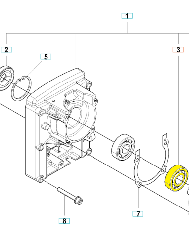 Łożysko wału korbowego dmuchawy 350BT Husqvarna, czarne, leżące, z widocznymi detalami oraz uszczelkami i śrubkami na białym tle dla czytelności.