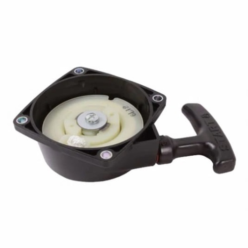 Rozrusznik dmuchawy 150BT/350BT Husqvarna, czarny z szarym uchwytem. Widok z góry pokazujący mechanizm i centralny element napinający na płaskiej powierzchni z detalami i mocowaniami.