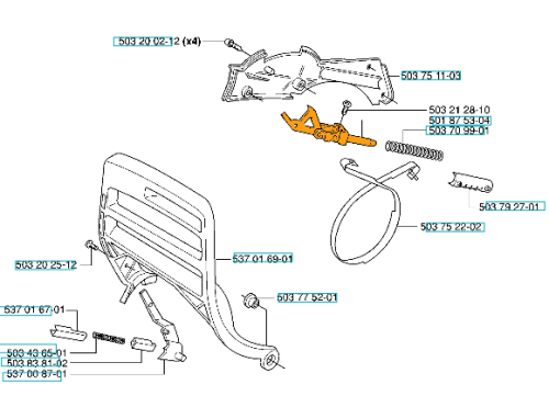 Uchwyt hamulca łańcucha pilarki Husqvarna 390XP, 570 szary z pomarańczowym elementem, zawiera sprężynę i mocowanie, części ukazane luźno z numerami katalogowymi.