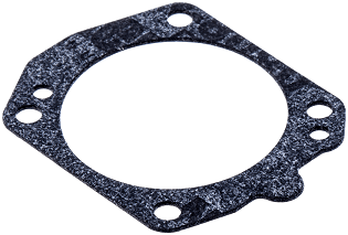 Uszczelka gaźnika do pilarki Husqvarna 357 XP, czarna, w kształcie wielokąta, z okrągłym otworem pośrodku. Widoczne cztery otwory montażowe. Produkt leżący na prostym tle, z delikatnie teksturowaną powierzchnią.