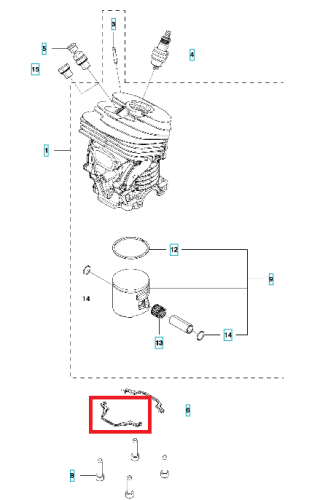 Zestaw uszczelek cylindra do pilarki Husqvarna 455 Rancher, wykonanego z gumy, w kolorze czarnym. Ujęcie z przodu, produkt leżący na jasnym tle. Widoczny detal: kluczowy element uszczelniający z zakończeniem w kształcie litery L.