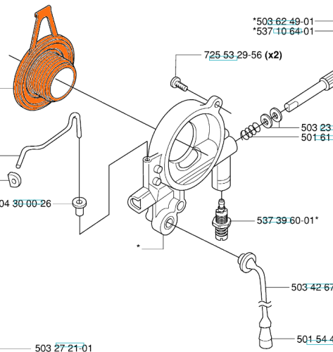 Pomarańczowy ślimak pompy oleju do pilarek Husqvarna 385XP i 390XP, z widocznymi elementami mocującymi, otworami i numerami części. Produkt przedstawiony z boku na jednolitym tle, bez dodatkowych akcesoriów.