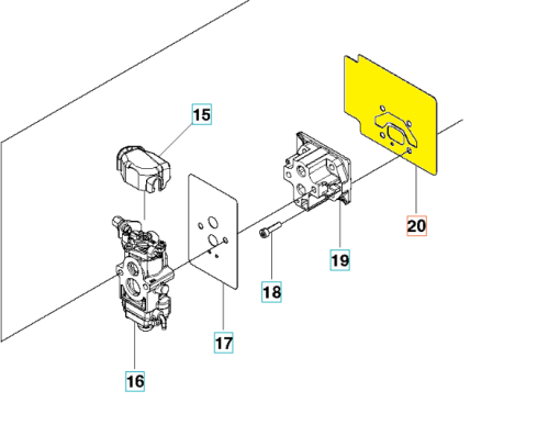 Uszczelka gaźnika dmuchawy Husqvarna 350BT/150BT w kolorze czarnym, o prostokątnym kształcie, widoczna na tle białym, leżąca płasko. Produkt z otworami montażowymi, wykonany z materiału uszczelniającego. Szczegóły widoczne w zbliżeniu.