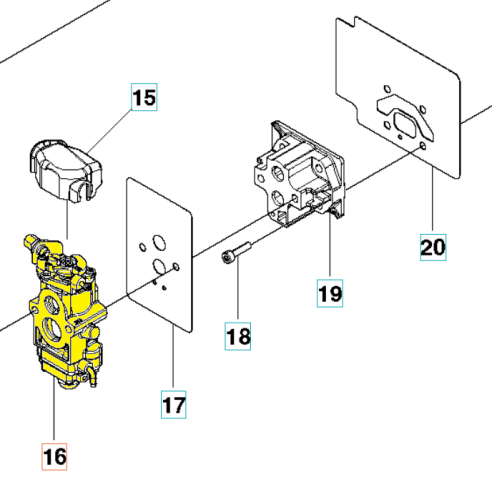 Gaźnik dmuchawy 350BT Husqvarna w ujęciu izometrycznym, z widocznymi elementami składowymi. Żółta obudowa oraz metalowe części. W zestawie płyty i element mocujący. Produkt ukazany w detalach, co pozwala na lepsze zrozumienie budowy.
