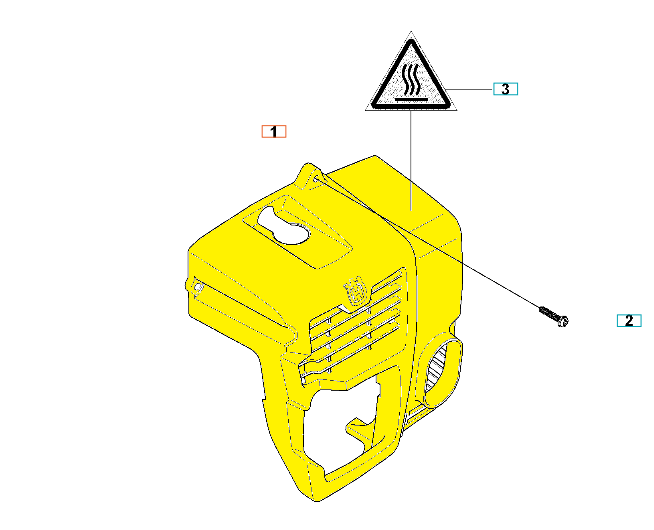 Pokrywa cylindra dmuchawy Husqvarna 150BT/350BT w intensywnym żółtym kolorze. Widok z boku, ukazujący otwór w górnej części oraz szczeliny wentylacyjne. Na obudowie umieszczono ostrzeżenie o wysokiej temperaturze. Wymiary nieokreślone.