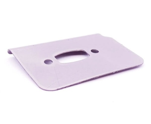 Uszczelka tłumika dmuchawy 350BT/150BT Husqvarna, metalowa, prostokątna, w kolorze szarym, z wycięciem na środku. Produkt leży płasko na białym tle, widoczny z boku. Brak dodatkowych oznaczeń lub napisów.