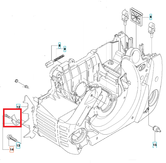 Wychwytnik łańcucha pilarki Husqvarna 340/345/350, szary metalowy element z ząbkami, widok z boku na gładkiej powierzchni, z wyraźnymi mocowaniami i konturami, do użytku w narzędziach ogrodowych.