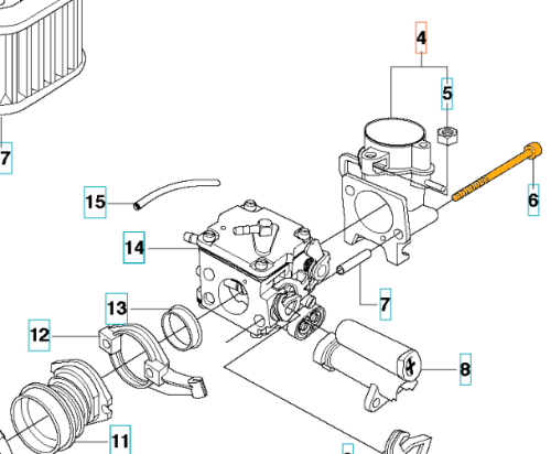 Śruba gaźnika do pilarek Husqvarna 372XP i 390XP, złota, cylindryczna, metalowa. Umieszczona z boku gaźnika, widoczna w zbliżeniu, podkreślająca mocowanie. Na jednolitym tle, bez dodatkowych elementów utrudniających widoczność.