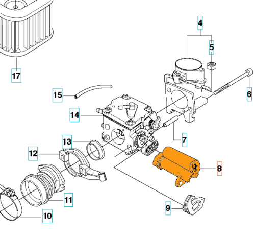 Pomarańczowa, metalowa tuleja gaźnika pilarki Husqvarna 390XP, cylindryczna, z detalami mocowania, na białym tle. Nowa, bez oznaczeń i dekoracji.
