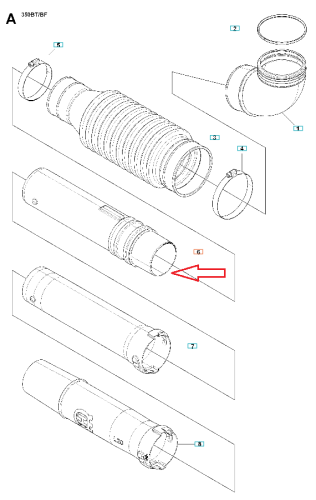 Elastyczna rura do dmuchawy Husqvarna 350BT/130BT z cylindrycznym kształtem i rowkami. Widoczna z boku na białym tle, z zestawem mocowań i adapterem oraz schematycznymi detalami technicznymi.