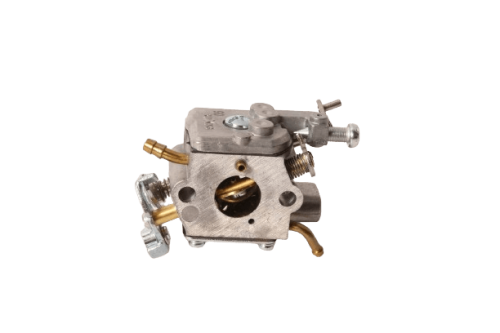 Gaźnik dmuchawy 525 BX Husqvarna z metalową obudową. Widok z boku pokazuje wyraźnie otwór wlotowy oraz elementy mocujące. Stosunkowo mały i kompaktowy, istotne są także widoczne rurki i zawory do podłączenia. Tło jednolite.