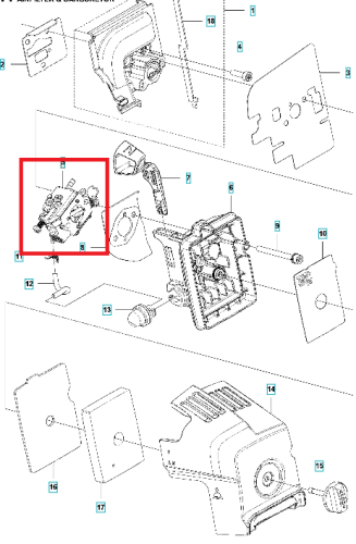 Gaźnik dmuchawy 525 BX Husqvarna w zbliżeniu, ukazujący detale montażowe i wlot powietrza. Element wykonany z metalu, z wyraźnymi napisem i mocowaniami. Widoczny z boku, otoczony częściami do złożenia urządzenia, na jasnym tle.