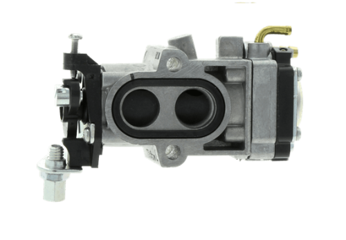 Gaźnik Husqvarna 580BTS Mark II z metalową obudową, dwoma otworami podciśnieniowymi, czarną podstawą i złotym odpowietrznikiem. Długi, prostokątny z elementami mocowania z boku.