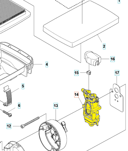 Gaźnik dmuchawy 580BTS Mark II Husqvarna w kolorze żółtym, w układzie rozłożonym. Zbliżenie na szczegóły mocowania i elementów sterujących. Widoczne śruby oraz etykiety z numerami części, leżący na białym tle.