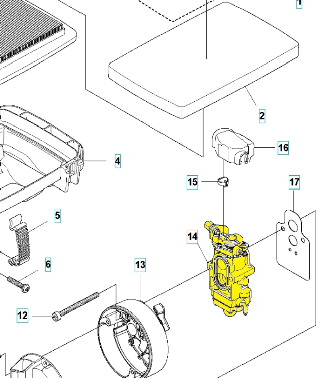 Gaźnik dmuchawy 580BTS Mark II Husqvarna w kolorze żółtym, w układzie rozłożonym. Zbliżenie na szczegóły mocowania i elementów sterujących. Widoczne śruby oraz etykiety z numerami części, leżący na białym tle.