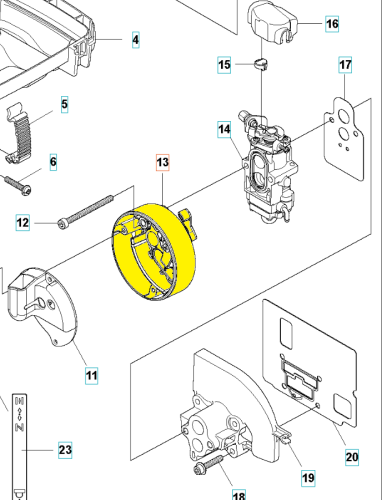 Żółta, okrągła podkładka gaźnika do dmuchawy Husqvarna 570BTS/580BTS z gładką fakturą i widocznym mechanizmem oraz mocowaniem, istotna dla działania gaźnika.
