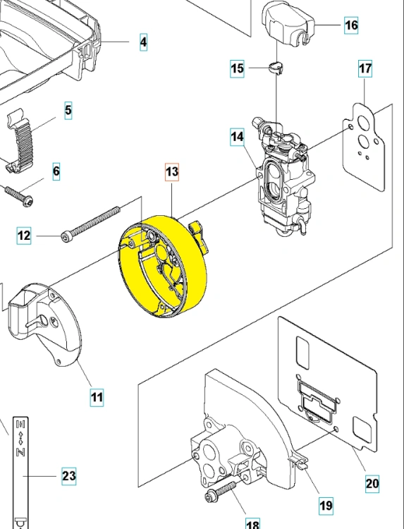 Żółta, okrągła podkładka gaźnika do dmuchawy Husqvarna 570BTS/580BTS z gładką fakturą i widocznym mechanizmem oraz mocowaniem, istotna dla działania gaźnika.