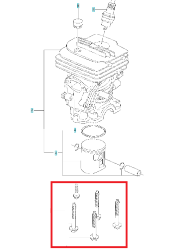 Zestaw 5 stalowych śrub do cylindra pilarek Husqvarna 130/135 Mark II, widocznych na rysunku technicznym od góry, przeznaczonych do montażu cylindra.