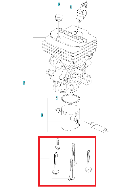 Zestaw 5 stalowych śrub do cylindra pilarek Husqvarna 130/135 Mark II, widocznych na rysunku technicznym od góry, przeznaczonych do montażu cylindra.