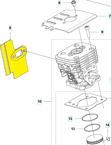 Żółta uszczelka cylindra dmuchawy 525BX Husqvarna na gładkiej powierzchni, pokazująca kształt, otwory montażowe i strukturę materiału. Obok śruby i pokrywka cylindra.
