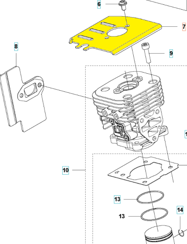 Żółta płytka cylindra dmuchawy 525BX Husqvarna z owalnym otworem i trzema prostokątnymi wycięciami, widoczna z boku z mocowaniami, na białym tle podkreślającym detale.