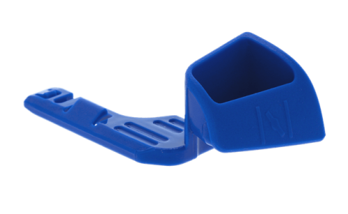 Dźwignia ssania dmuchawy 525BX Husqvarna w kolorze niebieskim, plastikowa, lekko zakrzywiona, z wcięciem na uchwyt. Ujęcie z boku, pokazujące detale konstrukcji i widoczne logo producenta. Produkt w nowym stanie, na jednolitym tle.