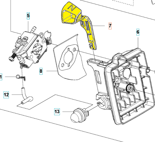 Żółta, plastikowa dźwignia ssania dmuchawy Husqvarna 525BX, widoczna z boku na gładkiej powierzchni, z otworami montażowymi i ergonomicznym kształtem, bez innych elementów.
