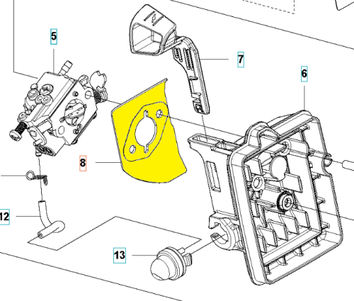 Uszczelka gaźnika Husqvarna 525BX w jaskrawo żółtym kolorze z okrągłym otworem na białym tle. Widok z góry pokazuje kształt i detale. W zestawie z dźwignią i mocowaniami gaźnika.