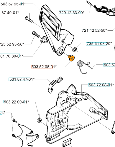 Sworzeń dźwigni pilarki Husqvarna 61, 281, 394XP z metalu, cylindryczny, ze złotą końcówką i oznaczeniem 503 52 08-01 na neutralnym tle, podkreślającym detale produktu.