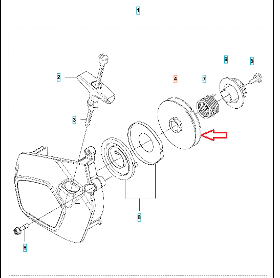 Koło linowe dmuchawy Husqvarna 525BX, z boku, na białym tle. Produkt okrągły, metalowy, z widocznymi otworami montażowymi. Na kole widoczne delikatne zdobienia; elementy konstrukcyjne w zestawie. Idealne do wymiany w dmuchawie.