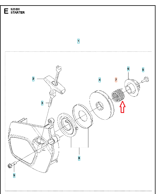 Metaliczna sprężyna dmuchawy 525BX Husqvarna o spiralnym kształcie, widoczna z boku na schemacie montażu, oznaczona strzałką. Kluczowy metalowy element uruchamiania mechanizmu.