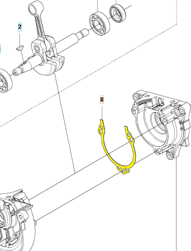 Żółta uszczelka karteru dmuchawy 525BX Husqvarna, okrągła, widoczna z przodu na tle schematu montażowego, z detalami mocującymi i otworami na śruby, część mechaniczna.