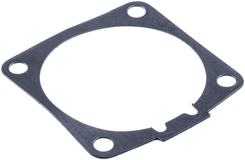 Uszczelka cylindra do pilarki Husqvarna 394XP, 395XP, w kształcie prostokąta, czarna, z okrągłym otworem na środku. W rogach cztery otwory montażowe. Widok z góry, leżąca na jednolitym tle. Idealna do zapewnienia szczelności w silniku.