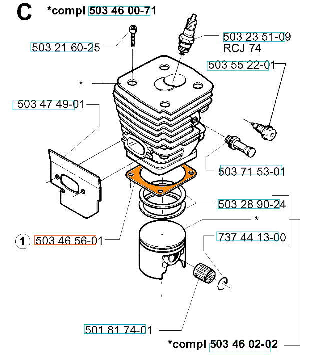 Pomarańczowa, gumowa uszczelka cylindra do pilarek Husqvarna 394XP, 395XP, okrągła, z detalami krawędzi i otworów, na białym tle. Do uszczelniania cylindrów.