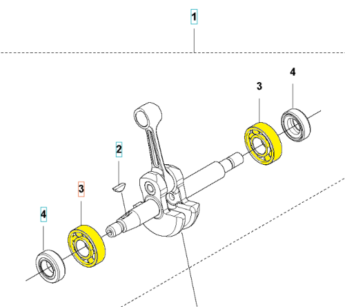 Łożysko wału korbowego dmuchawy 525BX Husqvarna, z żółtym pierścieniem, widoczne z boku, częściowo zmontowane z wałem korbowym. Elementy to: (2) tuleja, (3) uszczelniacz, (4) pokrywa. Wszystkie detale w układzie z oznaczeniem i schematem.
