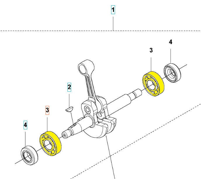 Łożysko wału korbowego dmuchawy 525BX Husqvarna, z żółtym pierścieniem, widoczne z boku, częściowo zmontowane z wałem korbowym. Elementy to: (2) tuleja, (3) uszczelniacz, (4) pokrywa. Wszystkie detale w układzie z oznaczeniem i schematem.