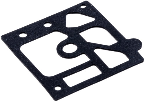 Uszczelka gaźnika pilarki 340 Husqvarna w kolorze czarnym z charakterystycznymi otworami do mocowania. Produkt widoczny z boku, na neutralnym tle. Detal o kwadratowym kształcie, wykonany z elastycznego materiału, idealny do zamontowania w silniku.
