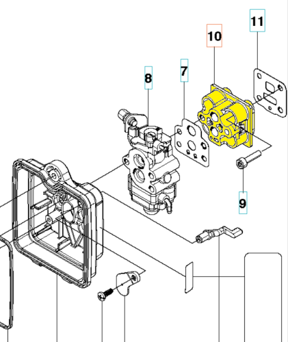 Izolator gaźnika dmuchawy Husqvarna 130BT/530BT, czarny, z tworzywa sztucznego, złożony z elementów i uszczelek, częściowo zmontowany na białym tle.