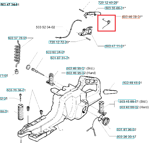 Metalowa, srebrna sprężyna dźwigni gazu do pilarek Husqvarna 394XP i 395XP, kluczowy element mechanizmu, widok frontalny w wyróżnionym polu.